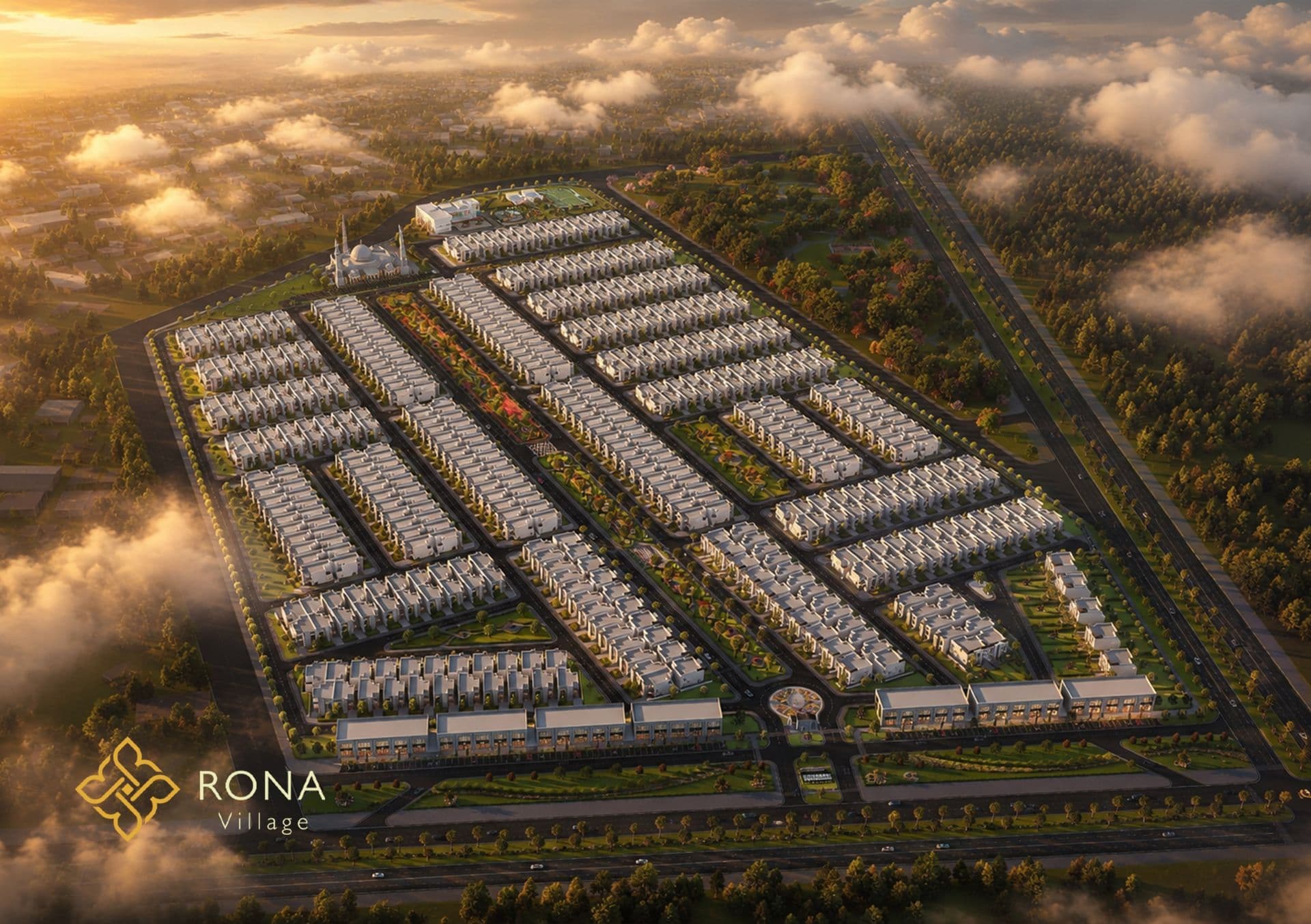 Aerial view of Rona Village at sunset