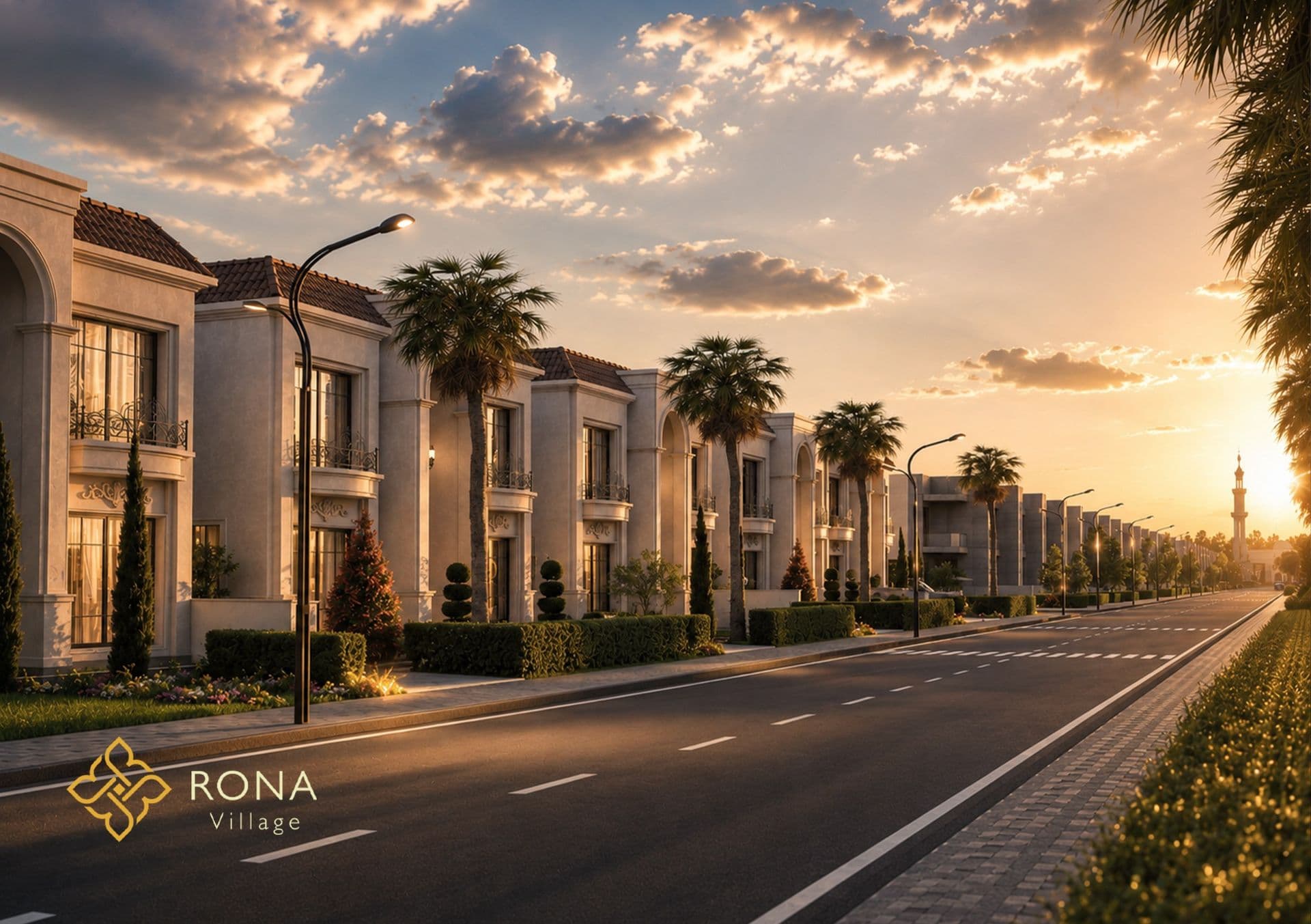 Villa-lined street at sunset