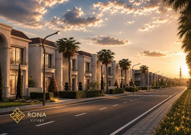 Villa-lined street at sunset